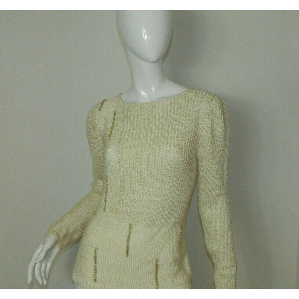 Nannell Sweater Vintage Knit Ivory Gold‎ Puffy Sleeves Art Deco Size Small
